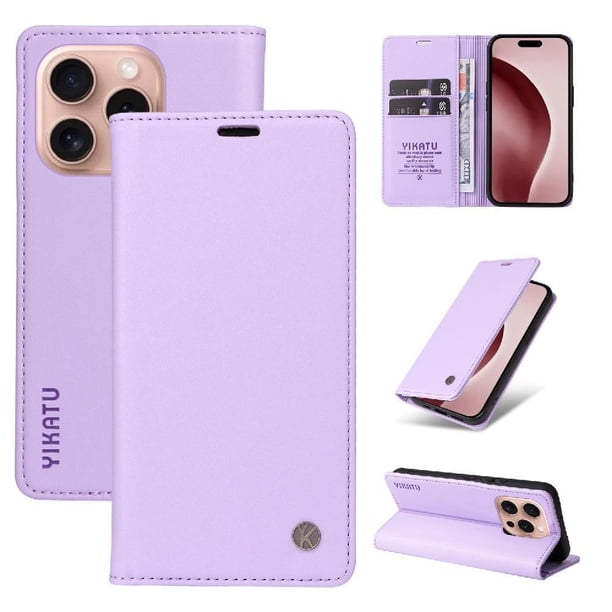 Funda Billetera de Cuero para iPhone 16 Pro con Tarjetero y Soporte - Tapa Magnética Morado