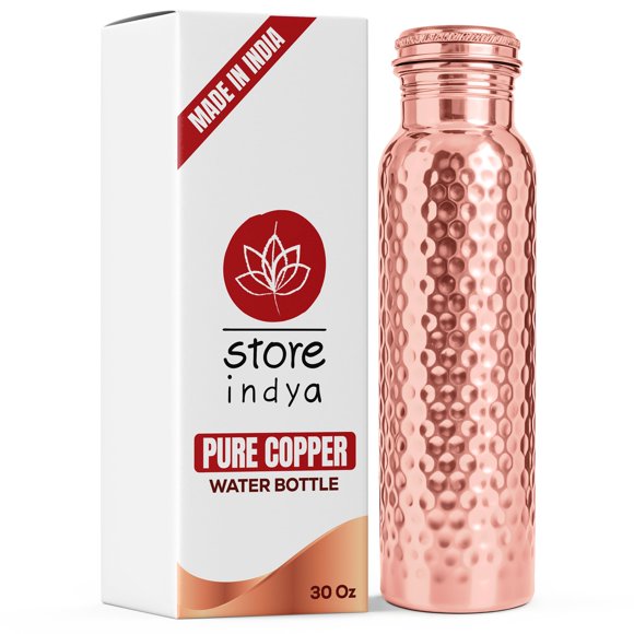 Botella de agua STORE INDYA, 100% cobre puro, 900 ml, diseño martillado