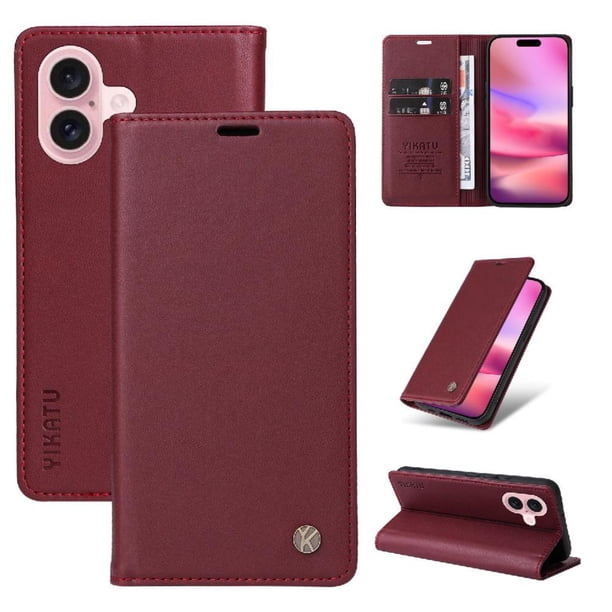 Funda Billetera de Cuero para iPhone 16 con Tarjetero y Soporte - Tapa Magnética Rojo