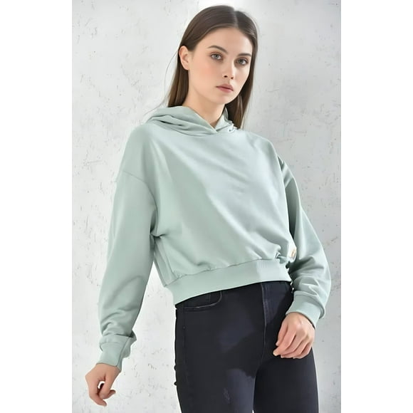 Poleron Crop Mujer Verde Con Capucha Talla S