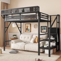 M&Ms - Twin Size Loft Bed With Stairs, Metal Full Loft Bed With Storage Shelves, High Loft Bed With Wardrobe For Kids Teens, Black(Expect Arrival Date 2025/9/22)