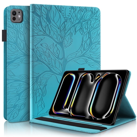 Funda con relieve del Árbol de la Vida para tablet ipad Pro 11(2024) con soporte, ranuras para tarjetas y soporte para lápiz óptico. Azul