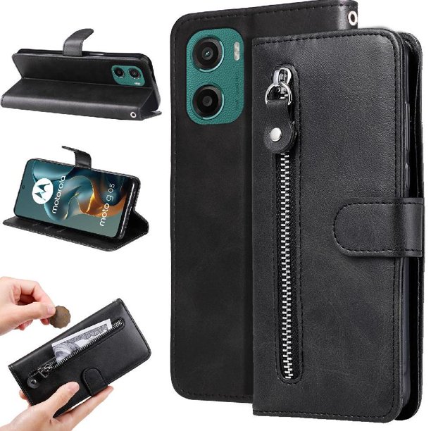 Funda tipo cartera para Motorola Moto G05 con bolsillo con cremallera y ranuras para tarjetas – Función de soporte Negro