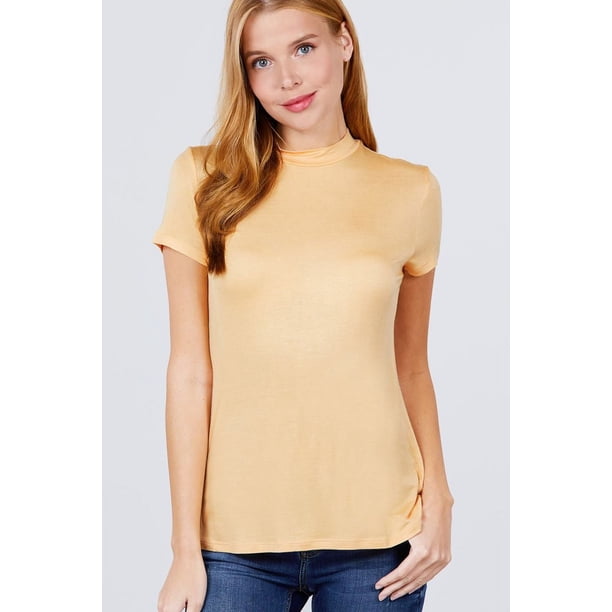 Top de Manga Corta con Cuello Alto de Rayón y Elastano Acanalado