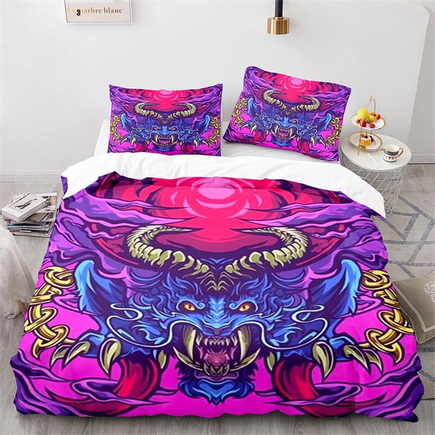 Cover Set Bedding Set Fuchsia Blue-headed Demon Head Special Gift3-Piece Bedding Set (1 Duvet Cover + 2 Pillow Shams)