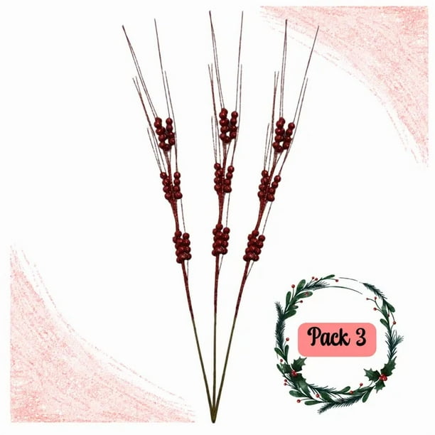 Pack 3 Ramas De Navidad Bayas Con Tallo De Acebo Navideño 65 cm