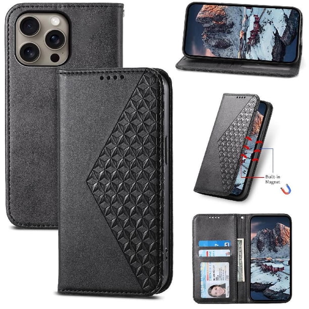 Funda Flip FOXDOCK para iPhone 16 Pro Max , Estilo Billetera con Diseño Rombo, Correa de Mano y Soporte, Uso Diario