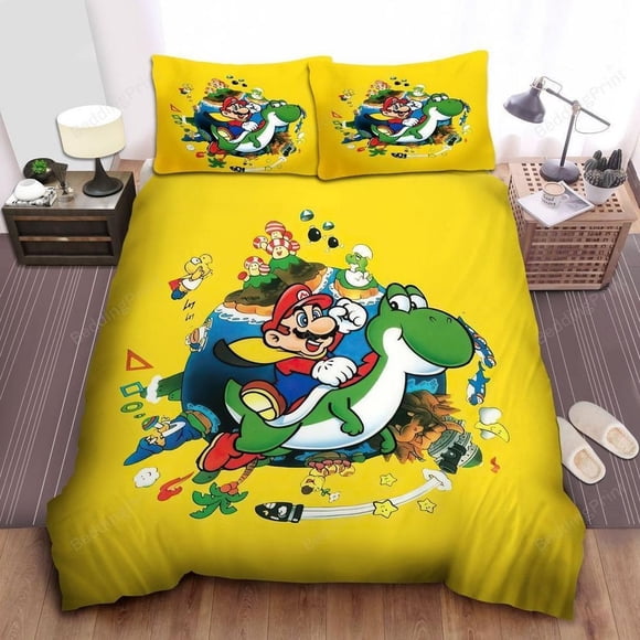 Super Mario Flying With Yoshi Around The Mario World Quilt Duvet Cover Set3-Piece Bedding Set