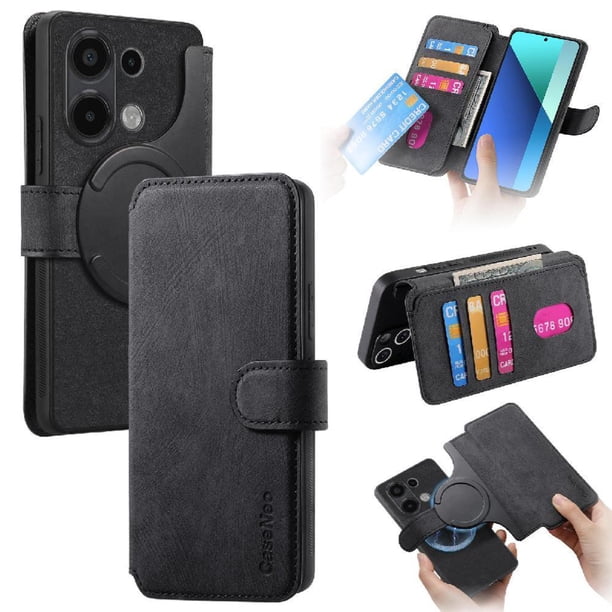 Funda Billetera Magnética para Xiaomi Redmi Note 13 4G Soporte Tarjetas Desmontable Negro