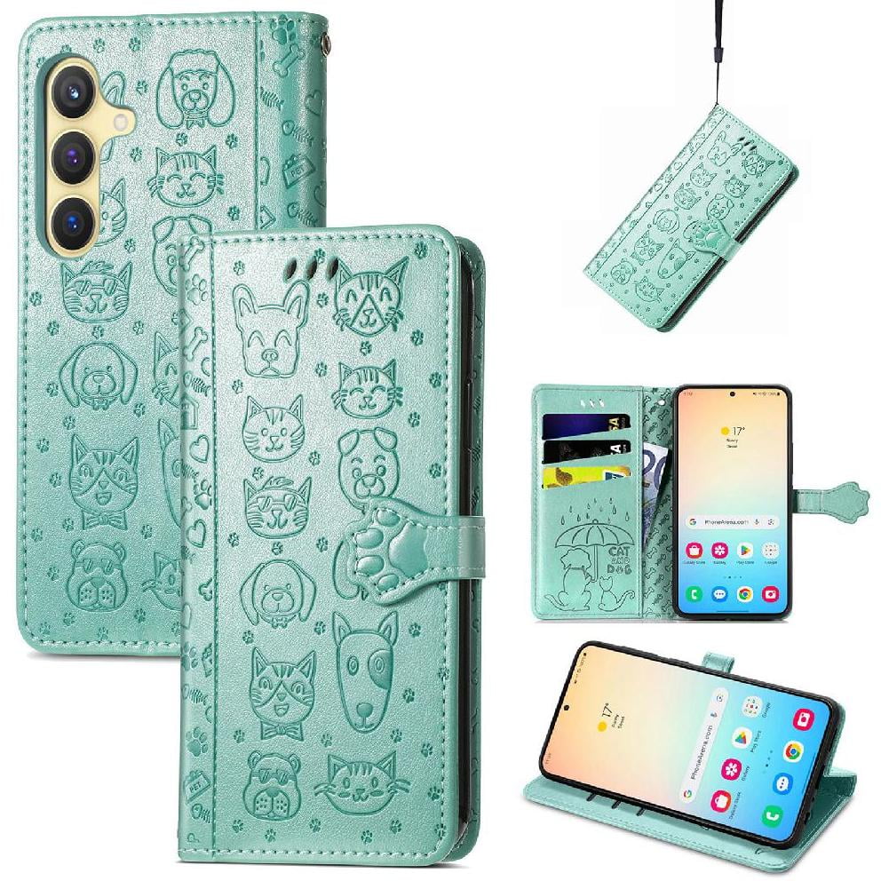 Funda Cartera Foxdock Para Samsung Galaxy S24fe , Flip Pu Con Relieve De Gatos Y Perros, Tarjetero Y Soporte