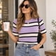thumbnail image 1 of Polera Rayada Rib Mujer Tejida Manga Corta Cuello Redondo lila Talla Única, 1 of 4