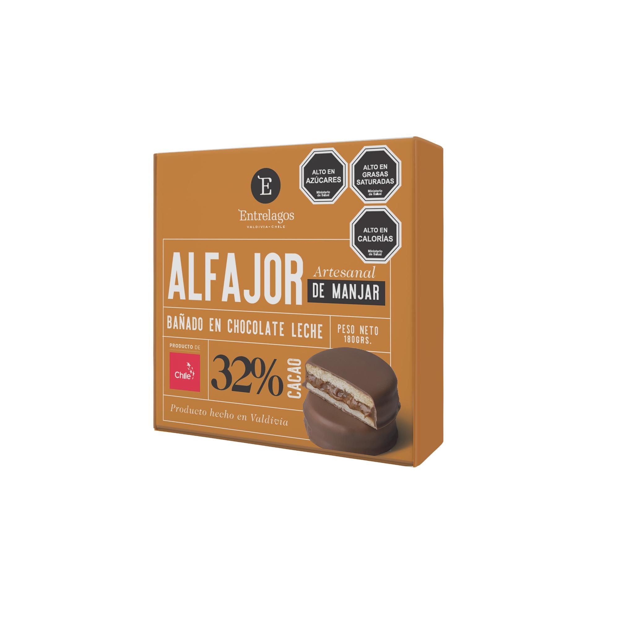Alfajor Artesanal Manjar Bañado Chocolate Leche 32% Cacao 180 g Entrelagos