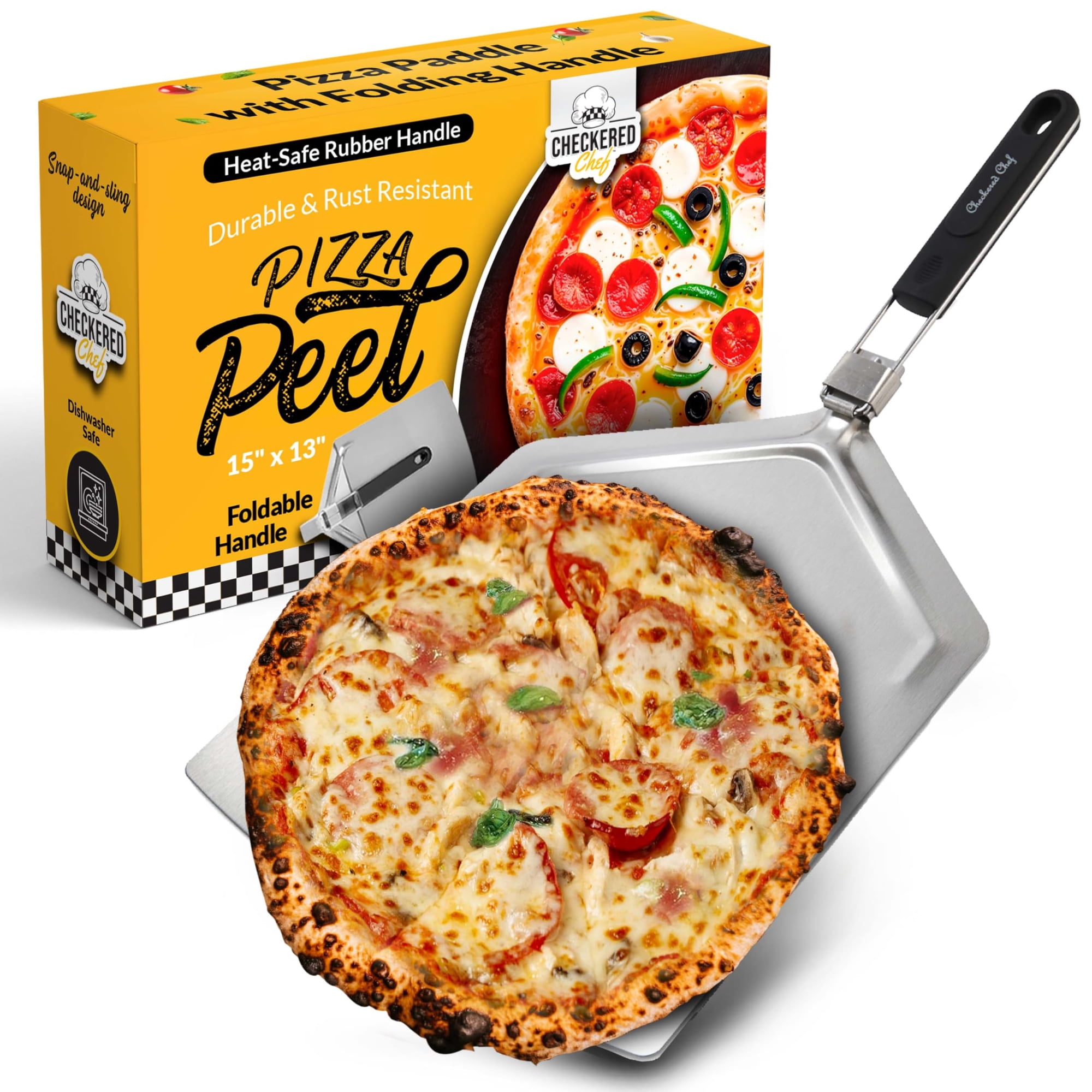 Checkered Chef - Pala Para Pizza Con Diseño De Chef A Cuadros, De Acero Inoxidable, Extra Grande