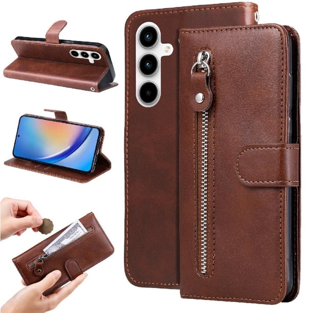 Funda tipo cartera para Samsung Galaxy A35 con bolsillo con cremallera y ranuras para tarjetas – Función de soporte Marrón