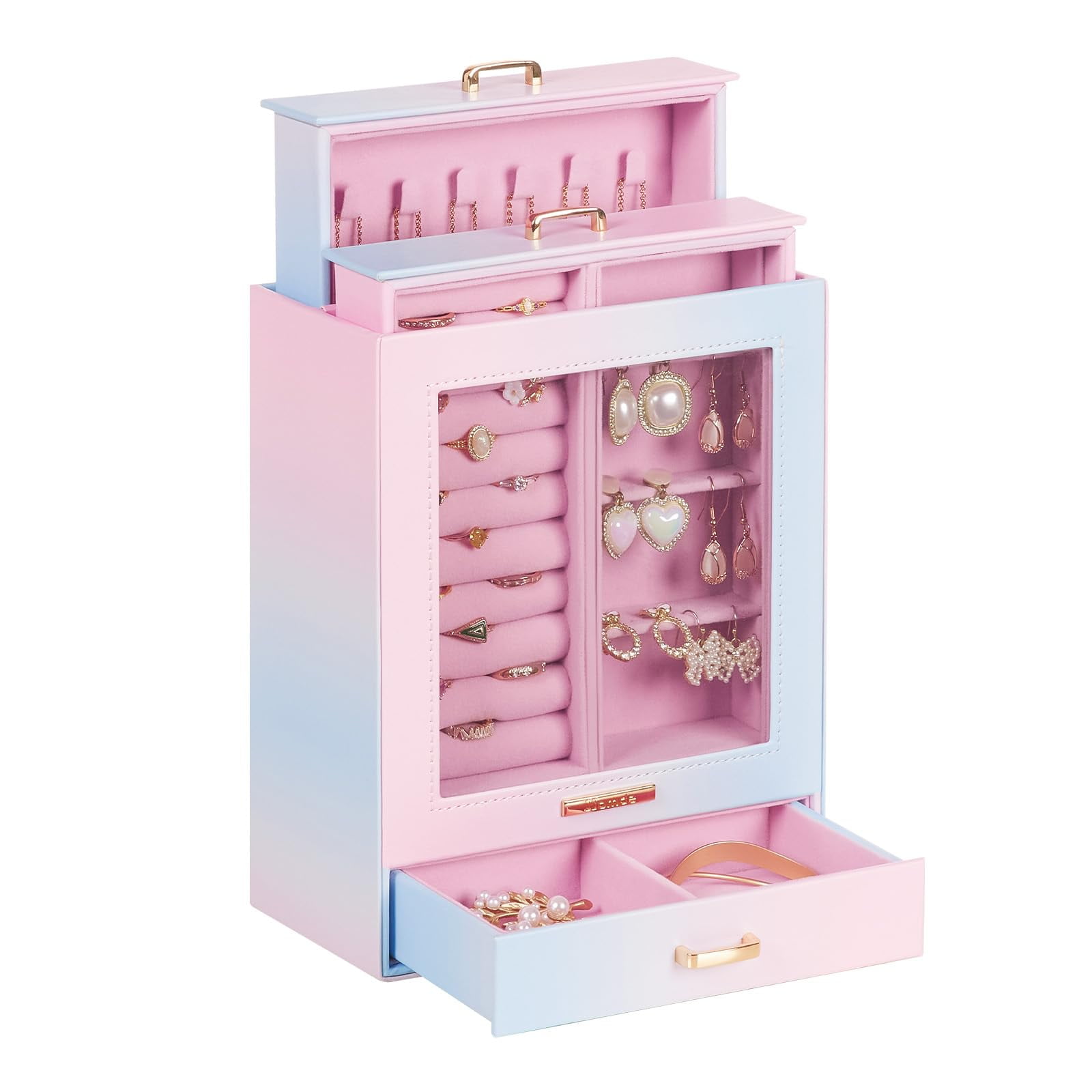 Homde - Organizador De Joyas Para Niñas Y Mujeres Con 3 Cajones Y Ventana De Cristal