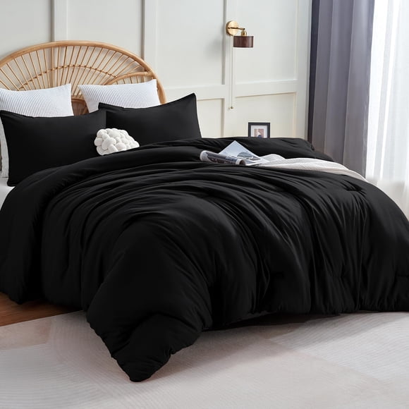 Juego de edredón CozyLux Queen Black, 3 piezas de microfibra