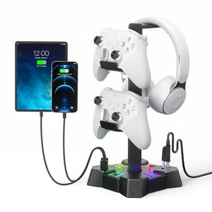 Genérico - Estación De Carga Multidispositivo Con Soporte Para Auriculares Con Iluminación Rgb, Concentrador Usb Compatible Con Ps5/Ps4/Xbox/Switc Pro Controllers & Headse-Negro