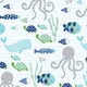 thumbnail image 3 of Sábana para cuna Lambs & Ivy Oceania, 100% algodón, blanca con peces azules, 3 of 3