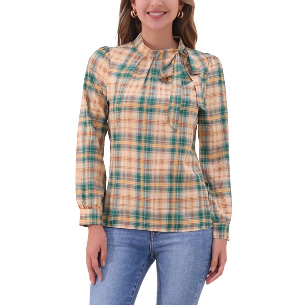 INSPIRE CHIC Blusas de trabajo para mujer con estampado de cuadros, cuello con lazo, manga larga, talla M, caqui marrón verde