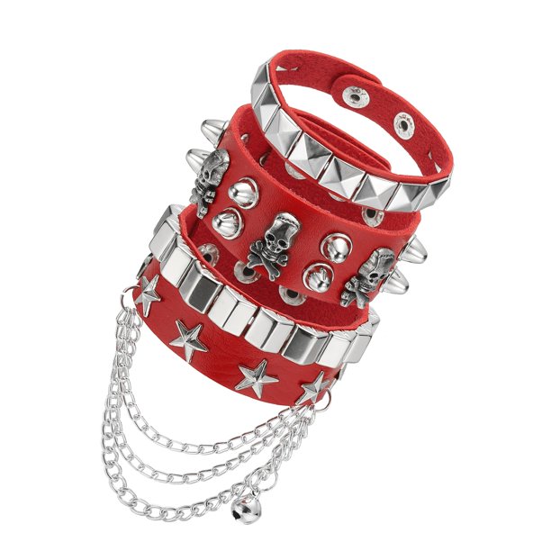 Uxcell 3Pcs Conjunto de Pulseras de Cuero con Tachuelas Rock Punk, 8.7"/22cm Muñequera con Picos Ajustable para Fiestas de Halloween Emo Grunge Accesorios, Rojo