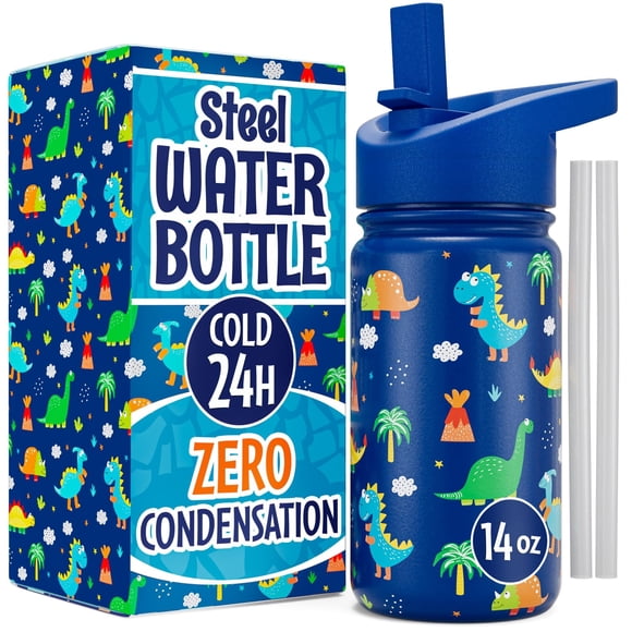 Botella de agua Klevly de acero inoxidable, 400 ml, diseño de dinosaurio para niños