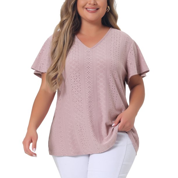 Agnes Orinda Blusa de Manga Acampanada con Cuello en V para Mujer de Talla Grande para Escuela o Universidad, Primavera Verano, Camiseta Hueca, Talla 1X, Rosa