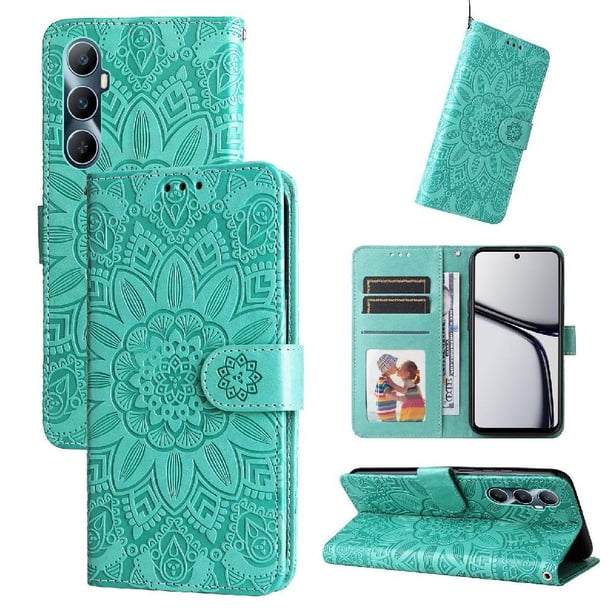 Funda tipo cartera FOXDOCK para Realme C65 4G , diseño girasol en relieve, cuero PU, cierre magnético, soporte y tarjetero