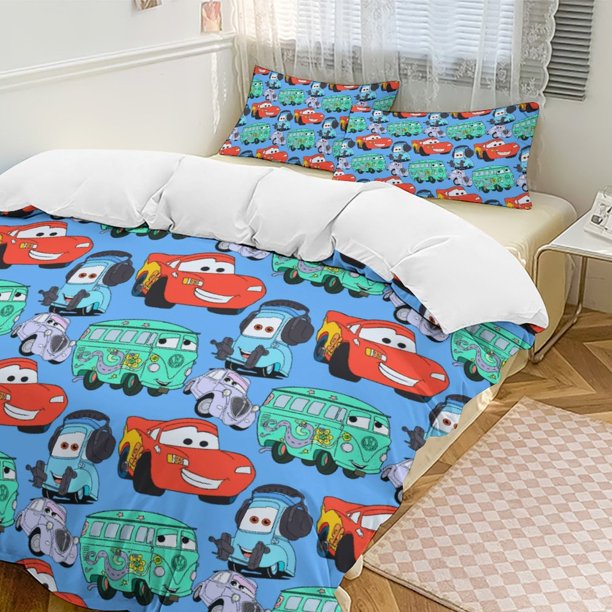 Blue Cars Lightning Mcqueen Comforter Set Soft 3 Pcs Twin Bedding Sets Thicken for All Season