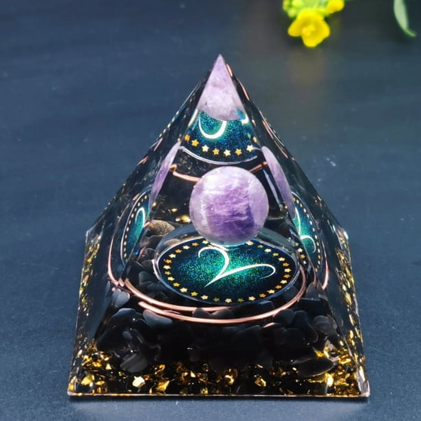 1pc Twelve Constellations Orgone Pyramid Taurus/Scorpio/Leo/Pisces/Cancer/Virgo/Libra/Aries/Gemini/Aquarius Amethyst Peridot Healing Crystal Energy Orgonite Pyramide Meditation Tool Quartz Home Decor