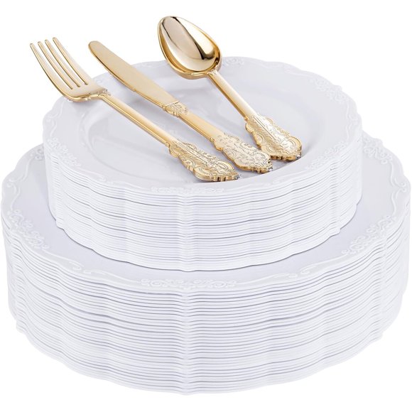 Set de 150 platos plásticos blancos DaYammi con cubiertos dorados