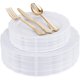 thumbnail image 1 of Set de 150 platos plásticos blancos DaYammi con cubiertos dorados, 1 of 3