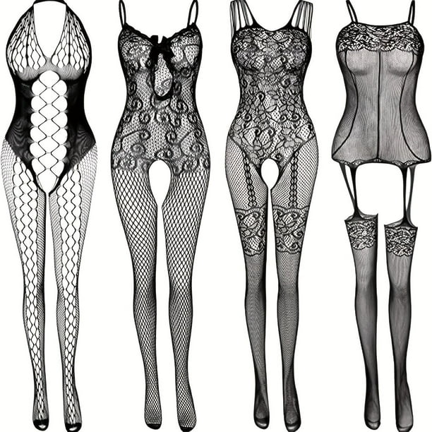 4 Sets Sultry Fishnet Bodystockings, Hollow Out Sleeveless Open Crotch Jacquard Bodystocking, Women's Lingerie & Underwear