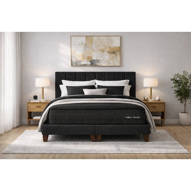 Cama 2 Plazas Completa Negro | Base Europea + Colchón Excellense Plus 25CM + Respaldo Tapizado