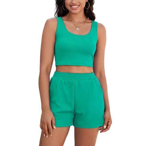 ATHLECHIC Conjuntos de 2 Piezas para Mujer, Tops Cortos de Punto Acanalado con Bolsillo y Shorts, Talla M, Verde