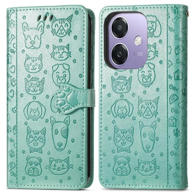 Funda Cartera FOXDOCK para OPPO A60 5G , Flip PU con Relieve de Gatos y Perros, Tarjetero y Soporte