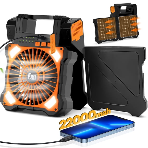 Ventilador solar para camping Maraiss de 22000 mAh con luz LED de 5 velocidades