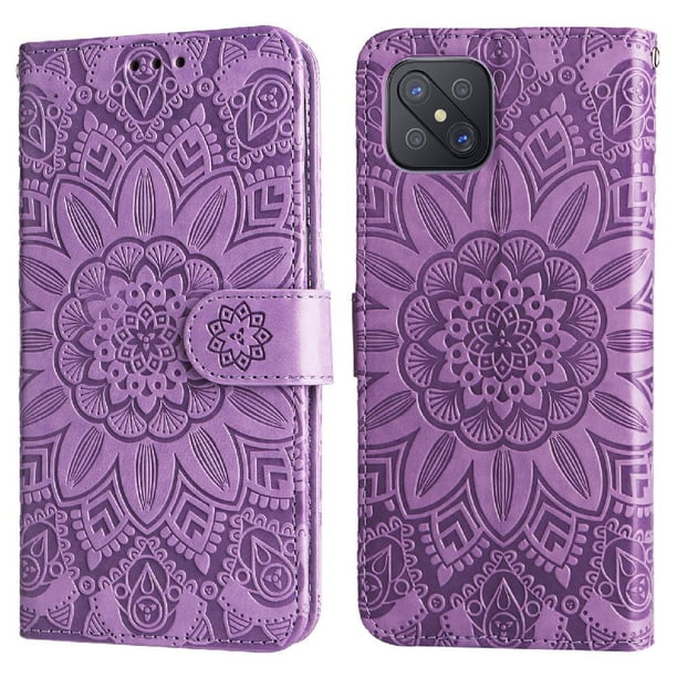 Funda tipo cartera FOXDOCK para OPPO A53 5G , diseño girasol en relieve, cuero PU, cierre magnético, soporte y tarjetero