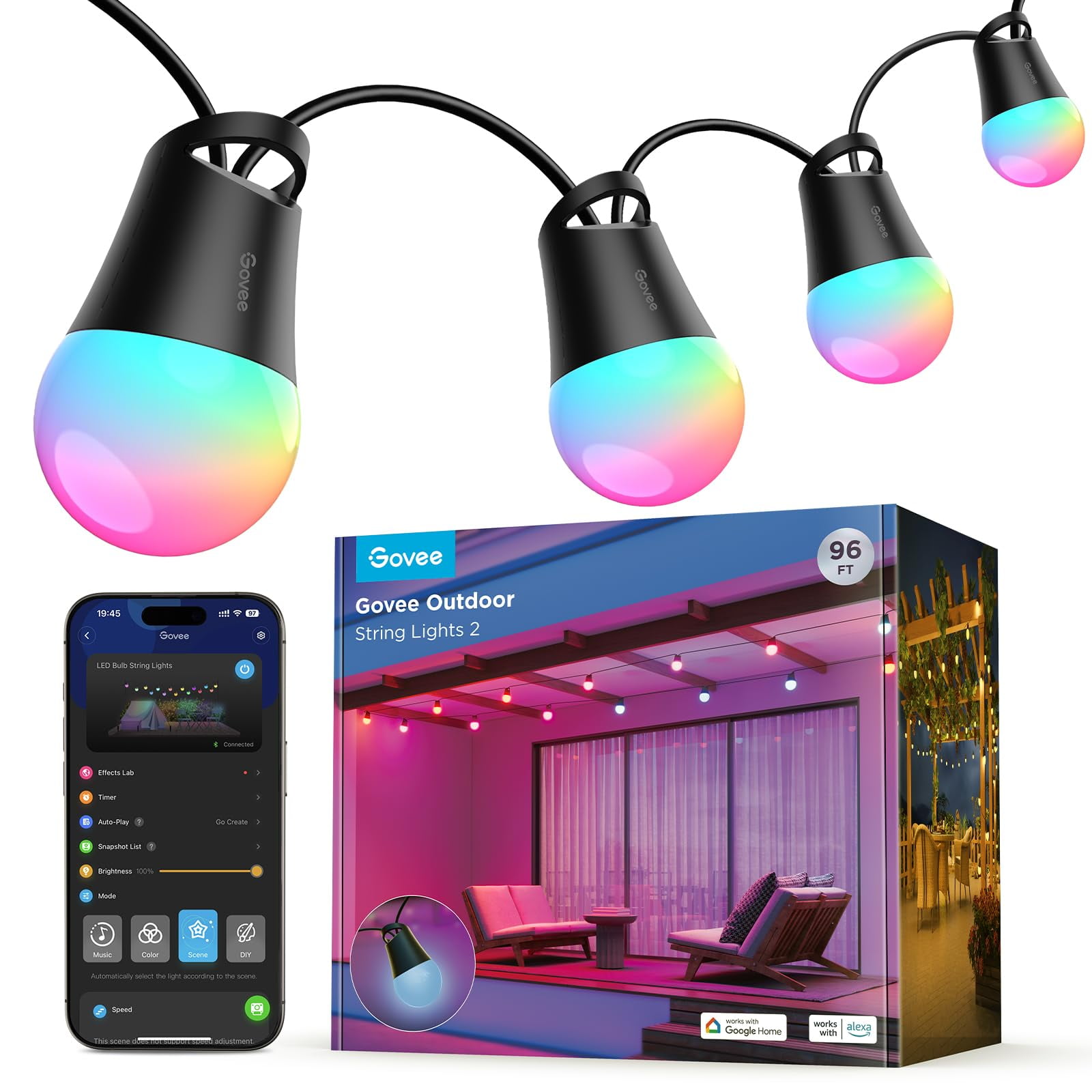 Guirnalda De Luces Para Exteriores Govee Smart 2 Rgbic De 96 Pies Con Bombillas