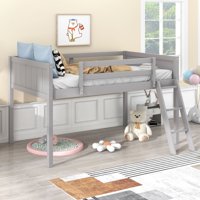 M&Ms - Twin Size Wood Low Loft Bed With Ladder, Ladder Can Be Placed On The Left Or Right, Gray