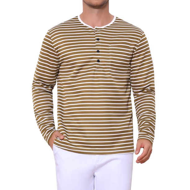 INSPIRE CHIC Camisas Henley a Rayas para Hombre de Regreso a Clases de Manga Larga con Botones Camisetas Casual L Marrón