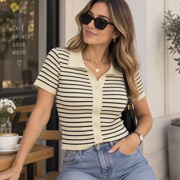 Polera Mujer Tejida A Rayas Cuello Camisero Con Botones beige Talla Única