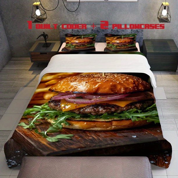3pcs Multi Layer Delicious Burger with Fries And Ketchup Themed Printed Three Piece Bedding Set Soft Quilt Cover And Two Pillowcases