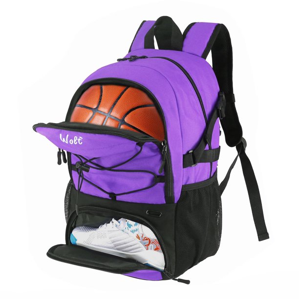 WOLT | Mochila de baloncesto grande con soporte para balones y compartimento para zapatos separados, ideal para baloncesto, fútbol, voleibol, natación, gimnasio o viajes (morado)