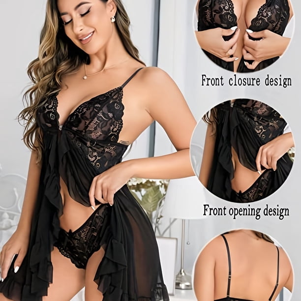Hot Lace Mesh Slip Mini Dress, Front Split V Neck Ruffle Babydoll, Women's Lingerie & Underwear