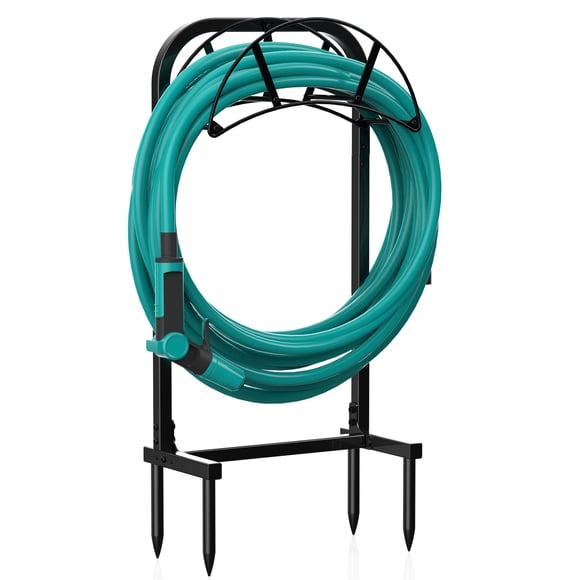 Soporte para manguera de jardín Meykwod, resistente, metálico, negro, para 150 pies
