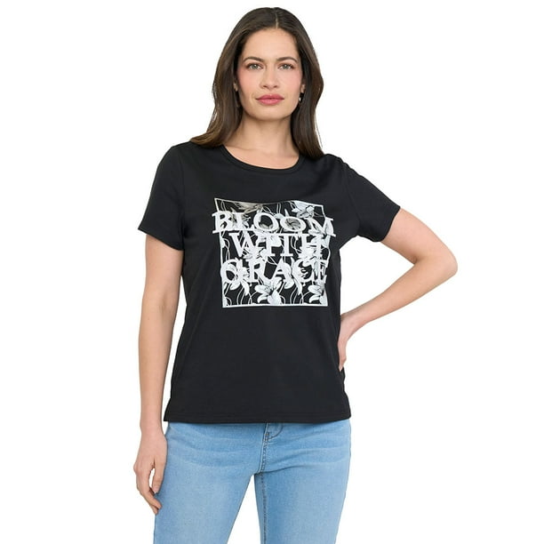 Polera Mujer Manga Corta Focal Print Negro Corona