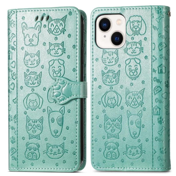 Funda Cartera FOXDOCK para iPhone 15 , Flip PU con Relieve de Gatos y Perros, Tarjetero y Soporte