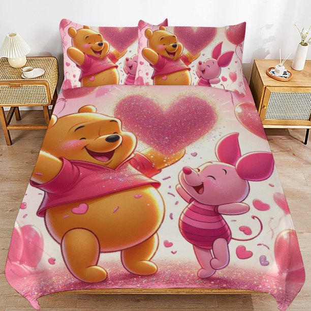 Winnie The Pooh Bed Duvet Cover Microfiber Bedding Sets 3D Printed Lightweight 3 Piece Comforter Sets for Kids Boys Girls