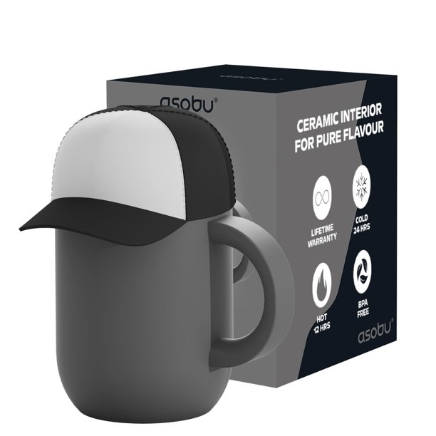 Asobu Taza Happy Hat – Taza aislada de acero inoxidable de 355 ml con tapa con forma de gorro – Revestimiento interior de cerámica – A prueba de derrames y diseño ergonómico para casa y viaje (Negro)