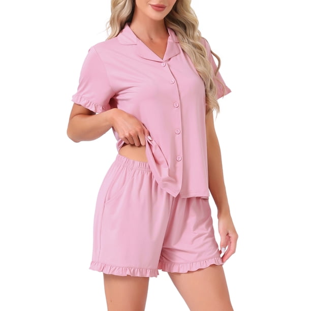 INSPIRE CHIC Conjunto de Salón para Mujer Estampado de Fresas Volantes con Volantes Patrón Lindo Botón Abajo Manga Corta Conjunto de Pijamas Cortos 2XL Rosa Intenso